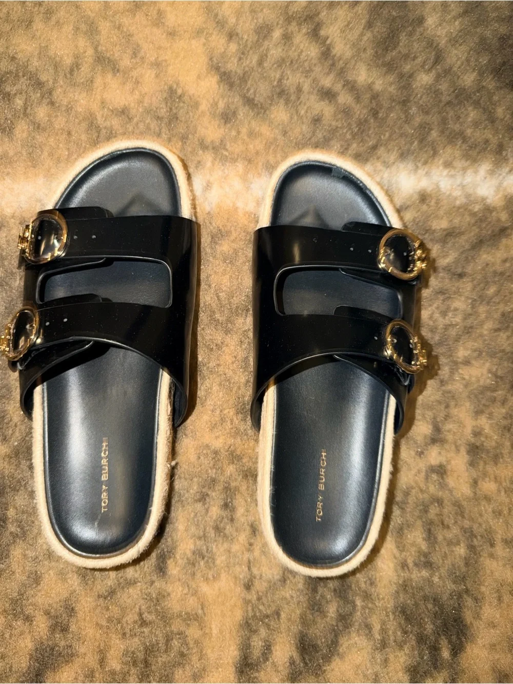Tory Burch Black Slide Sandals with Gold Logo Buckles